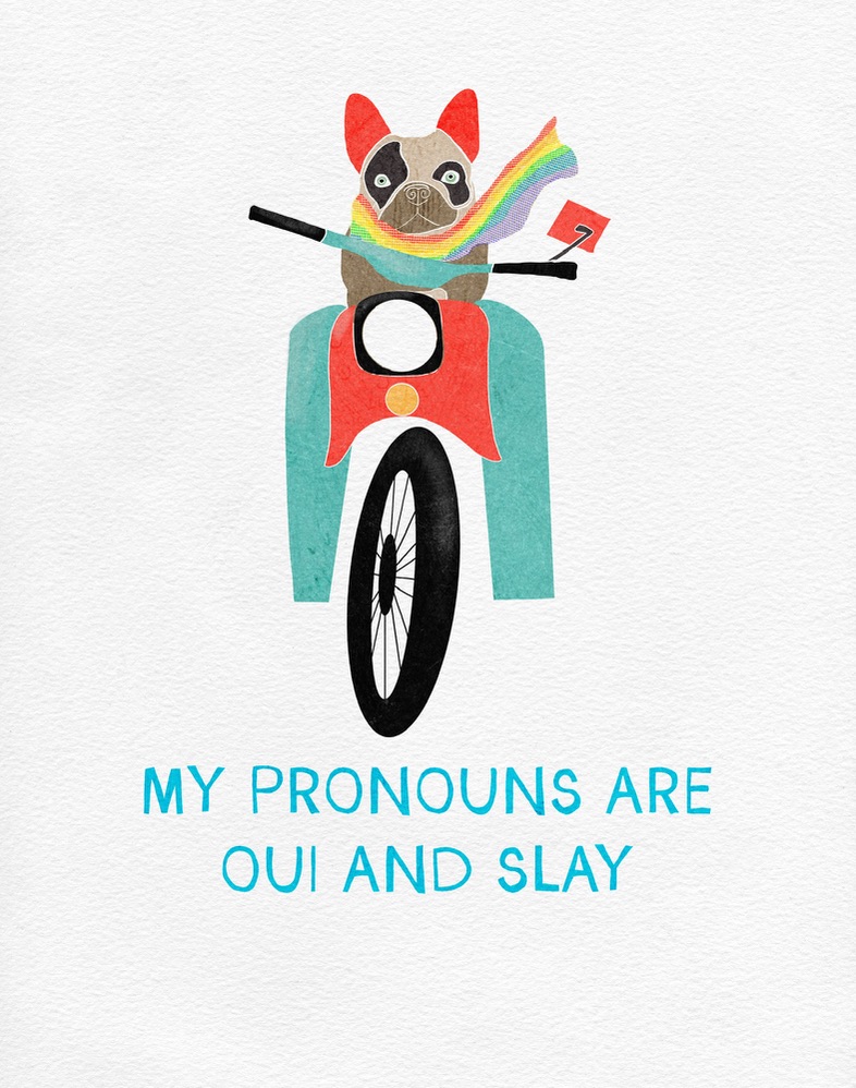Illustration of a French Bulldog wearing a rainbow scarf, sitting on a vintage motorcycle with the text 'MY PRONOUNS ARE OUI AND SLAY' underneath.