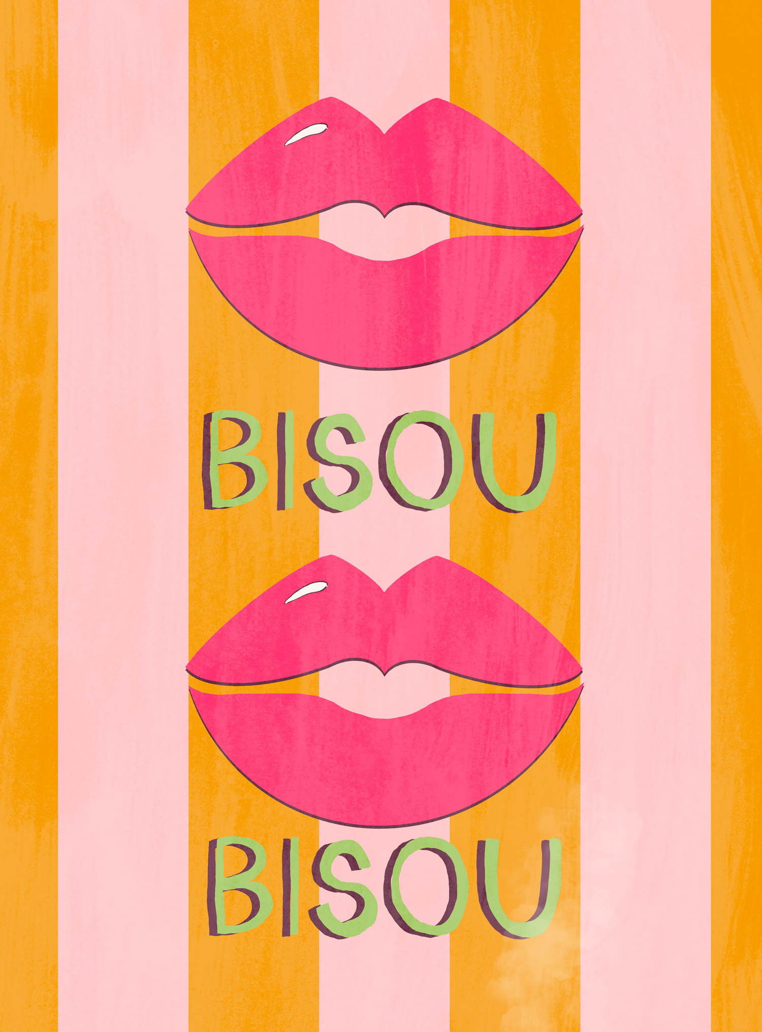 A vibrant illustration featuring two pink lips above the word 'BISOU', set against alternating orange and pink stripes.