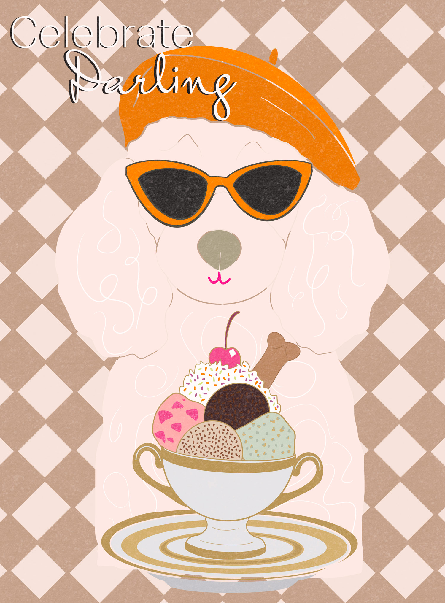 A whimsical illustration of a dog wearing sunglasses and an orange beret, holding a cup of ice cream with various scoops and a cherry on top, set against a checkerboard background.