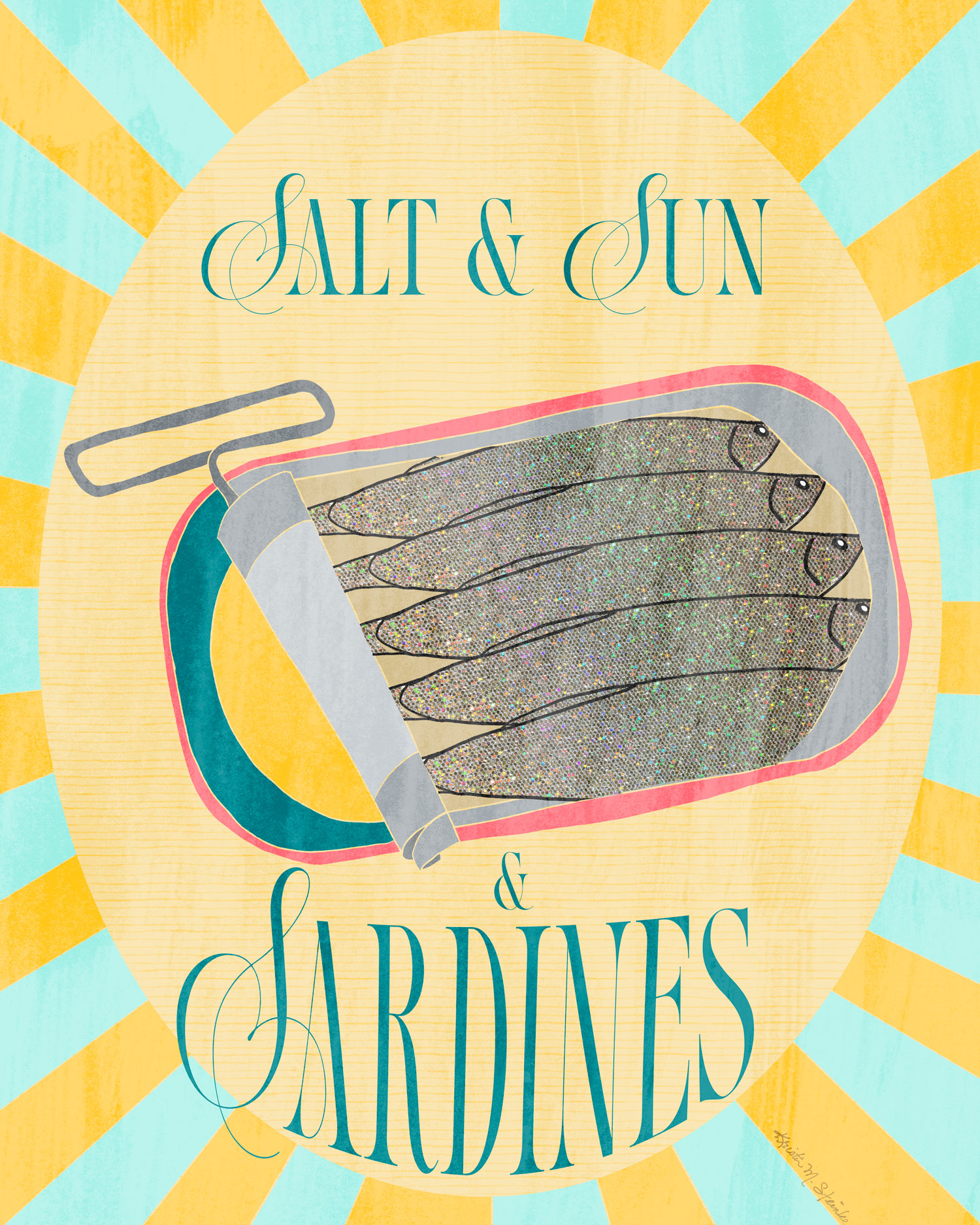 A colorful illustration featuring a tin of sardines with the text 'Salt & Sun & Sardines' over a sunburst background.
