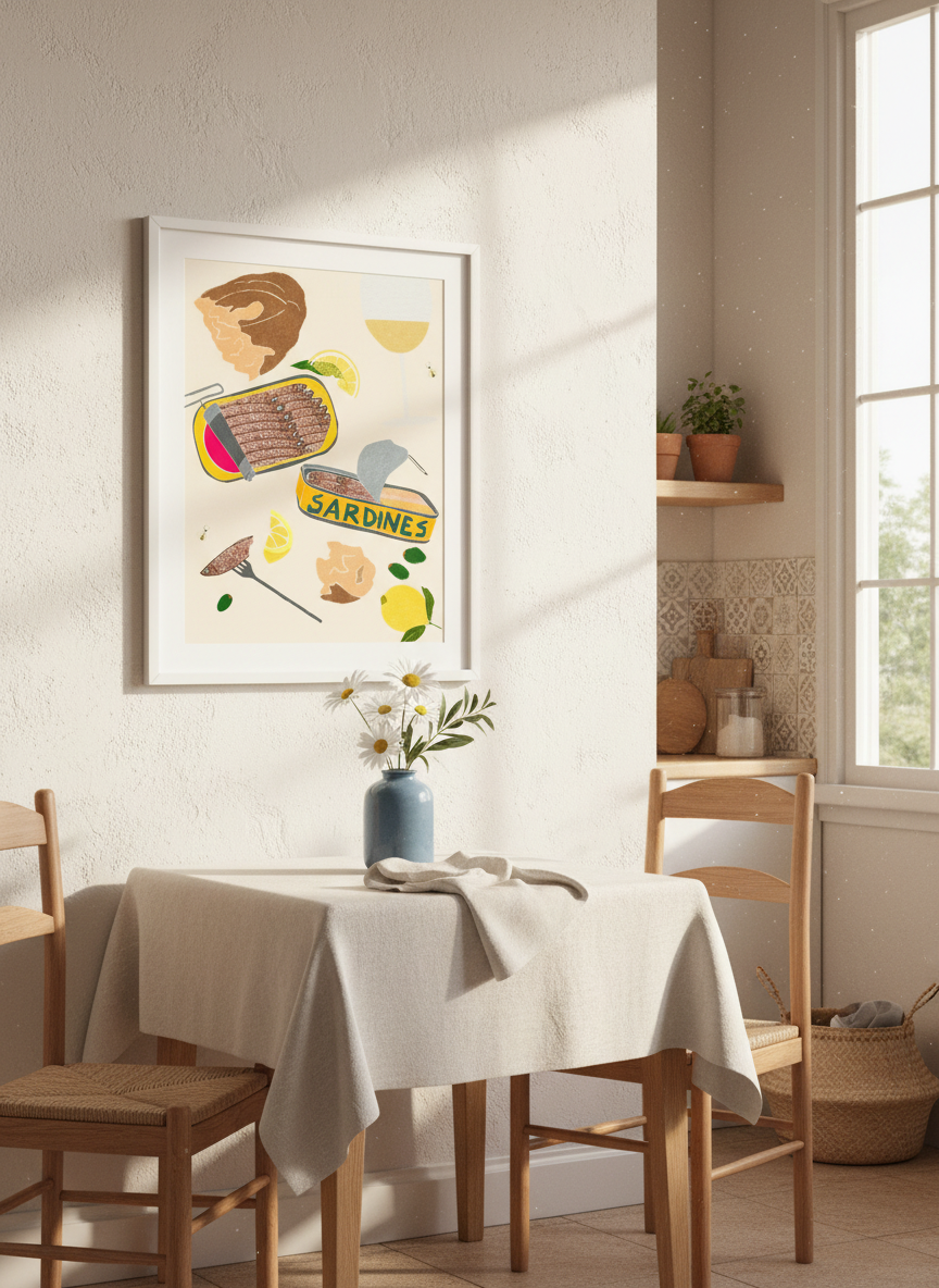 Salt, Sun & Sardines is a Mediterranean-inspired illustration collection that transforms the humble sardine into bold, joyful art for wall décor, kitchen goods, and lifestyle products.