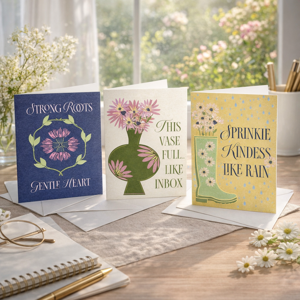 Three decorative greeting cards displayed on a wooden table with a floral background. The cards feature various floral designs and inspirational messages: 'Strong Roots Gentle Heart,' 'This Vase Full... Like Inbox,' and 'Sprinkle Kindness Like Rain.'