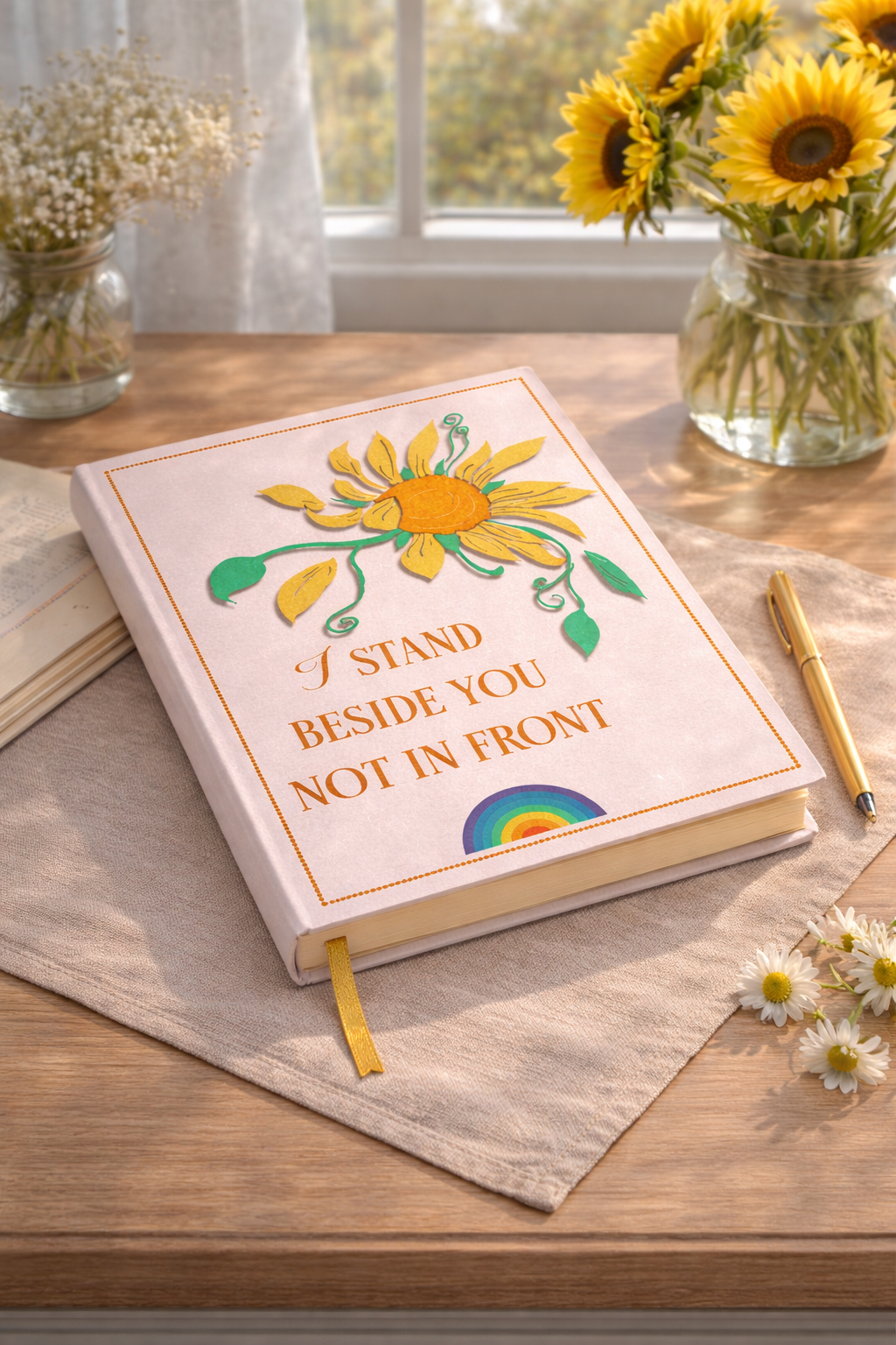 A decorative notebook with a pastel cover featuring a yellow sunflower design and the text 'I STAND BESIDE YOU NOT IN FRONT.' It is placed on a wooden table with a golden pen, a fabric mat, and a vase of sunflowers in the background.