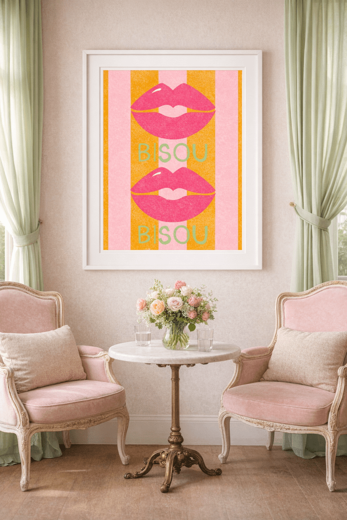 Interior view of a stylish sitting area featuring two pink upholstered chairs, a small marble table, and a vase of pastel-colored flowers. A framed artwork displaying pink lips and the text 'BISOU' is hung on the wall.