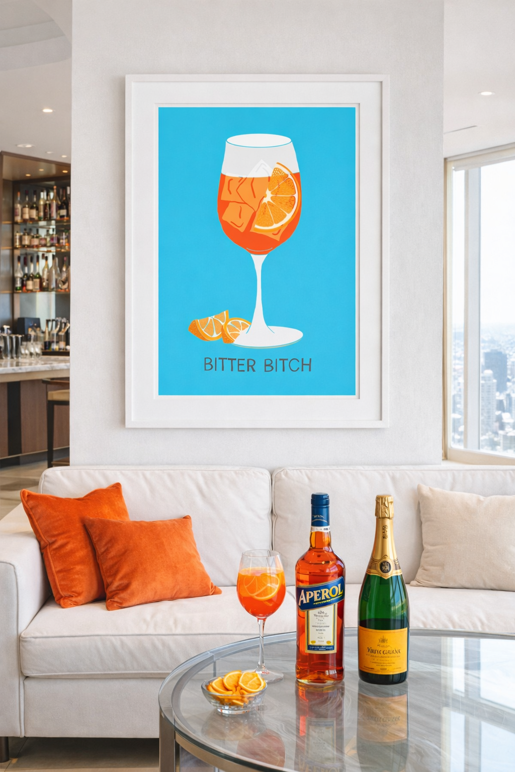 A vibrant cocktail illustration featuring a glass of orange drink with orange slices, framed on a light wall. In the foreground, an Aperol bottle, a bottle of sparkling wine, and a glass of the cocktail sit on a round table, accompanied by orange garnishes.