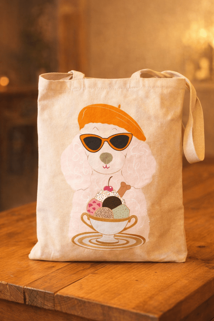 A tote bag featuring a cartoon poodle wearing sunglasses and a beret, holding a bowl of ice cream with various flavors and a cherry on top.