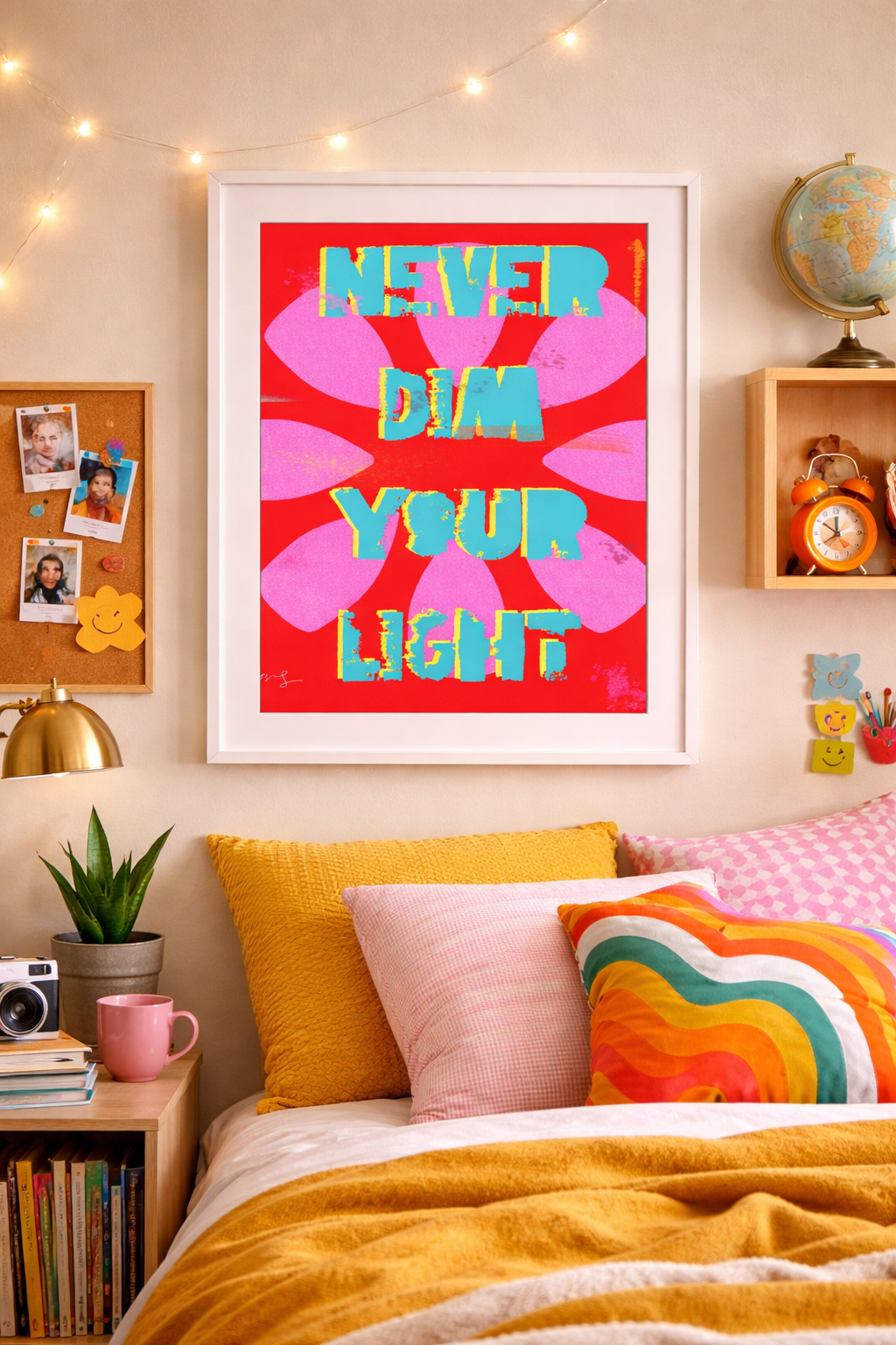 A colorful bedroom featuring a wall art piece with the phrase 'NEVER DIM YOUR LIGHT' against a vibrant red background, surrounded by decorative pillows and cozy blankets on the bed.